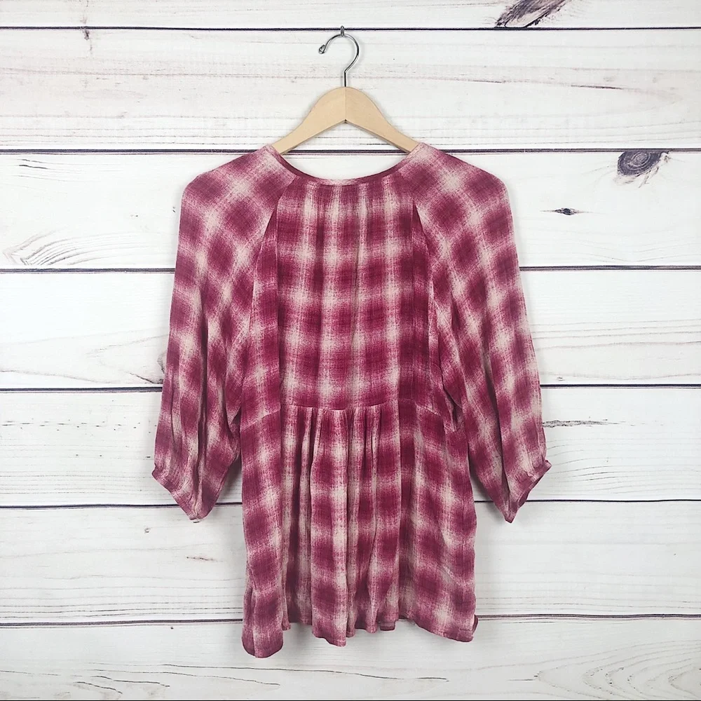 MAEVE Pink Plaid Peplum Shirt Boho Puff Sleeves